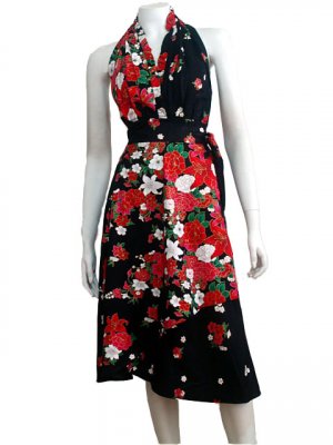 BLACK RUFFLES V-NECK FLORAL HALTER WEDDING WRAP DRESS