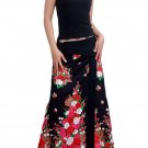 Black Japanese floral Cotton Wraparound Long Skirt
