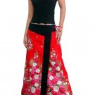Hot Red Japanese floral Cotton Wraparound Long Skirt
