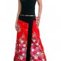 Hot Red Japanese floral Cotton Wraparound Long Skirt