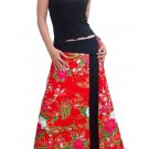 Spicy Red Japanese floral Cotton Wraparound Long Skirt
