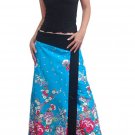 Plus Size! Sea Blue Japanese Floral Wraparound Cotton Long Skirt