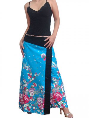 Plus Size! Sea Blue Japanese Floral Wraparound Cotton Long Skirt