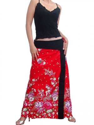 Plus Size! Hot Red Japanese Floral Wraparound Cotton Long Skirt