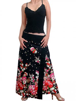 Plus Size! Gothic Black Japanese Floral Wraparound Cotton Long Skirt