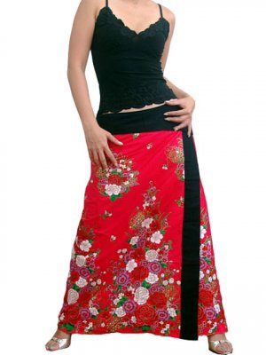 Plus Size! Hot Pink Japanese Floral Wraparound Cotton Long Skirt
