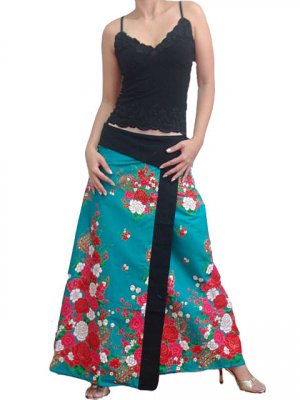 Plus Size! Green Japanese Floral Wraparound Cotton Long Skirt