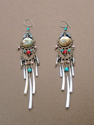 Exquisite Handmade Chandelier Tribal Beads & Shells Silver Hoop Earrings