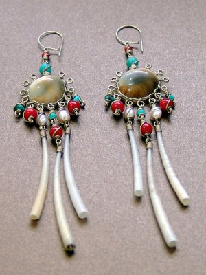 Exquisite Handmade Chandelier Tribal Beads & Shells Silver Hoop Earrings
