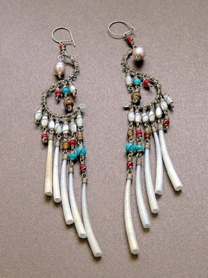 Exquisite Handmade Chandelier Tribal Beads & Shells Silver Hoop Earrings