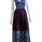 SATIN PURPLE V-NECK SMOCKED WAIST PRINTED LONG MAXI DRESS