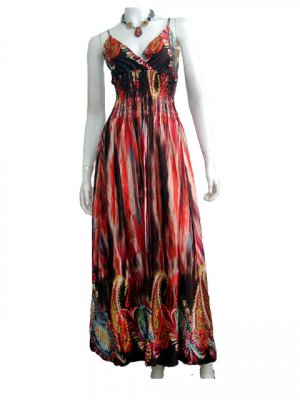 SATIN V-NECK SMOCKED WAIST PRINTED LONG MAXI DRESS
