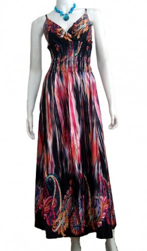 SATIN V-NECK SMOCKED WAIST PRINTED LONG MAXI DRESS