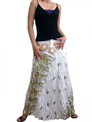 WHITE CROCHET GREEN PAISLEY COTTON LONG SKIRT/TUBE DRESS