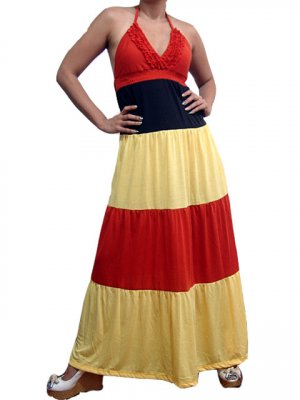 Celebrity Style Ruffles V-neck Colour Block Halter Low Back Maxi Dress