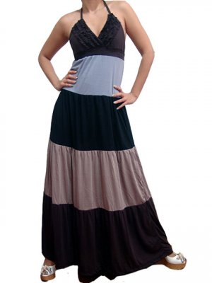 Celebrity Style Ruffles V-neck Colour Block Halter Low Back Maxi Dress