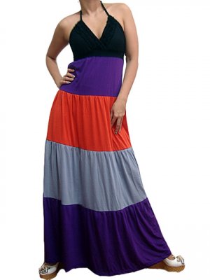 Celebrity Style Ruffles V-neck Colour Block Halter Low Back Maxi Dress