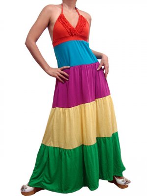 Celebrity Style Ruffles V-neck Colour Block Halter Low Back Maxi Dress