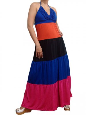 Celebrity Style Ruffles V-neck Colour Block Halter Low Back Maxi Dress