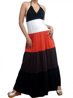 Celebrity Style Ruffles V-neck Colour Block Halter Low Back Maxi Dress