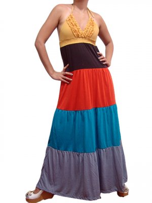 Celebrity Style Ruffles V-neck Colour Block Halter Low Back Maxi Dress