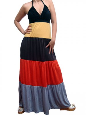 Celebrity Style Ruffles V-neck Colour Block Halter Low Back Maxi Dress