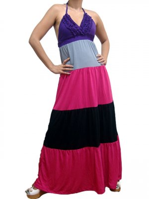 Celebrity Style Ruffles V-neck Colour Block Halter Low Back Maxi Dress