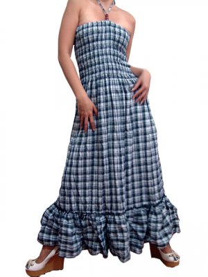 In Style Black Smocked Checks Prints Halter/Tube Maxi Dress