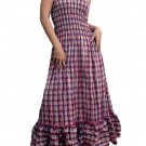 In Style Red Smocked Checks Prints Halter/Tube Maxi Dress