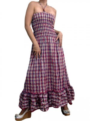 In Style Red Smocked Checks Prints Halter/Tube Maxi Dress