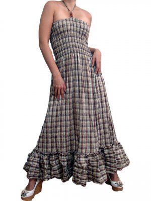 In Style Brown Smocked Checks Prints Halter/Tube Maxi Dress