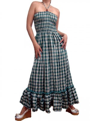 In Style Green Smocked Checks Prints Halter/Tube Maxi Dress