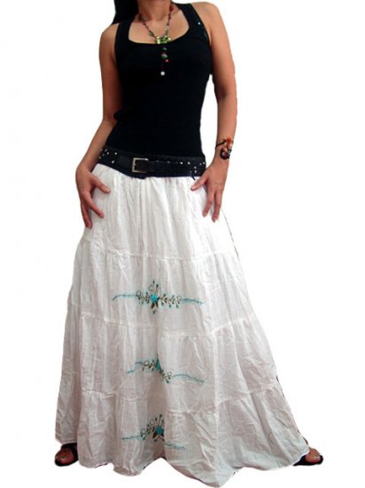 Lucia Blue & White Floral Print Embroidery Boho Low-Rise Tiered Maxi Skirt main image 1