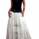 White 4-tiered Boho Light Blue Floral Embroidery Cotton Drawstring Long Skirt / Tube Dress