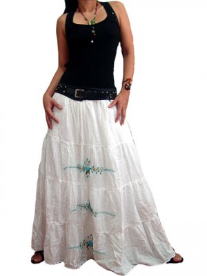 White 4-tiered Boho Light Blue Floral Embroidery Cotton Drawstring Long Skirt / Tube Dress