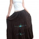 Brown 4-tiered Boho Light Blue Floral Embroidery Cotton Drawstring Long Skirt / Tube Dress