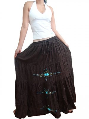 Brown 4-tiered Boho Light Blue Floral Embroidery Cotton Drawstring Long Skirt / Tube Dress