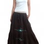 Brown 4-tiered Boho Light Blue Floral Embroidery Cotton Drawstring Long Skirt / Tube Dress