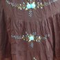 Brown 4-tiered Boho Light Blue Floral Embroidery Cotton Drawstring Long Skirt / Tube Dress