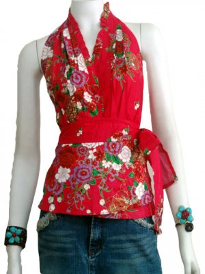 Red Cotton Floral V-neck Ruffles Wrap Halter Top / Blouse