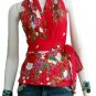 Red Cotton Floral V-neck Ruffles Wrap Halter Top / Blouse