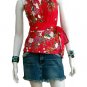 Red Cotton Floral V-neck Ruffles Wrap Halter Top / Blouse