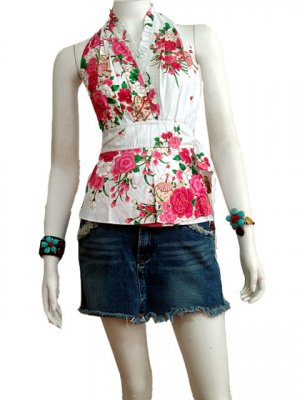 White Cotton Floral V-neck Ruffles Wrap Halter Top / Blouse