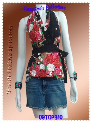 Black Cotton Floral V-neck Ruffles Wrap Halter Top / Blouse