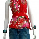 Red Cotton Floral V-neck Ruffles Wrap Halter Top / Blouse