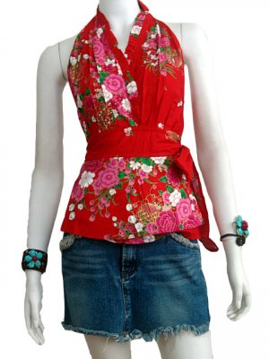 Red Cotton Floral V-neck Ruffles Wrap Halter Top / Blouse