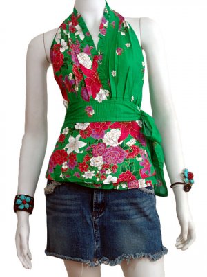 Green Cotton Floral V-neck Ruffles Wrap Halter Top / Blouse