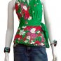 Green Cotton Floral V-neck Ruffles Wrap Halter Top / Blouse