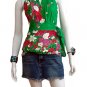 Green Cotton Floral V-neck Ruffles Wrap Halter Top / Blouse