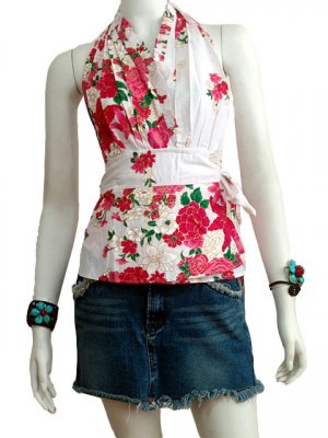 White Cotton Floral V-neck Ruffles Wrap Halter Top / Blouse